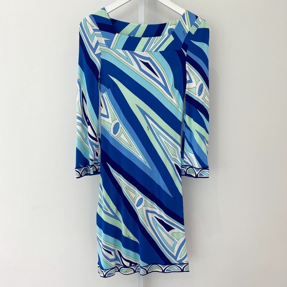 EMILIO PUCCI BLUE MULTI SQUARE NECK BELL SLEEVE DRESS SIZE IT 38 / US 4 - Picture 2 of 16